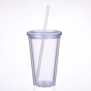 16 oz 24oz clear printing ice cream plastic insulated vaccum double wall tumbler cup with reusable straw-image